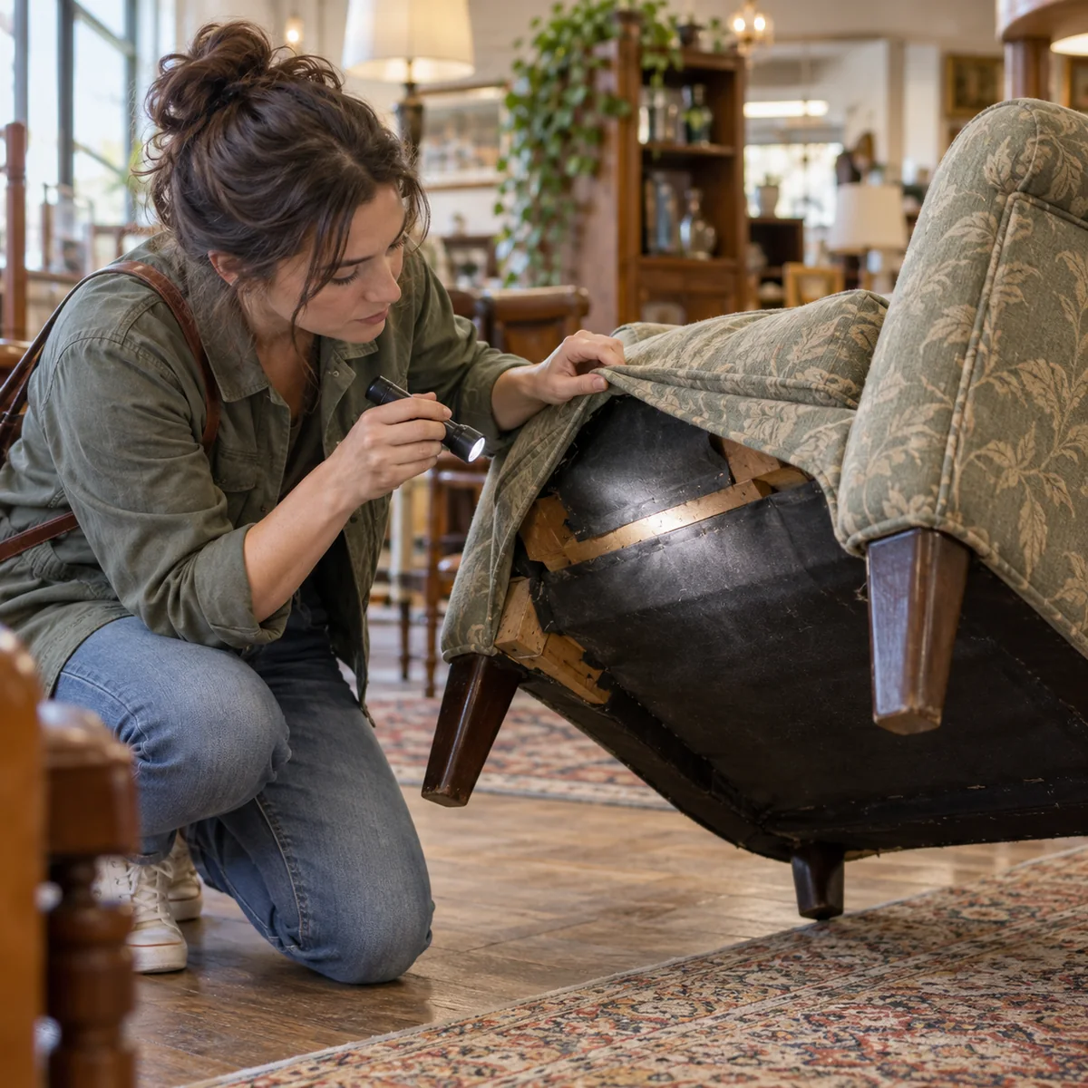 Shopper using a small flashlight to inspect the underside and seams of a secondhand upholstered chair