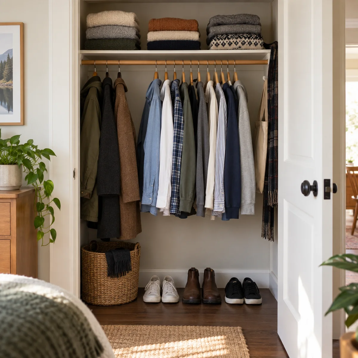 Everyday clothes arranged within reach in a compact closet, with shoes visible below