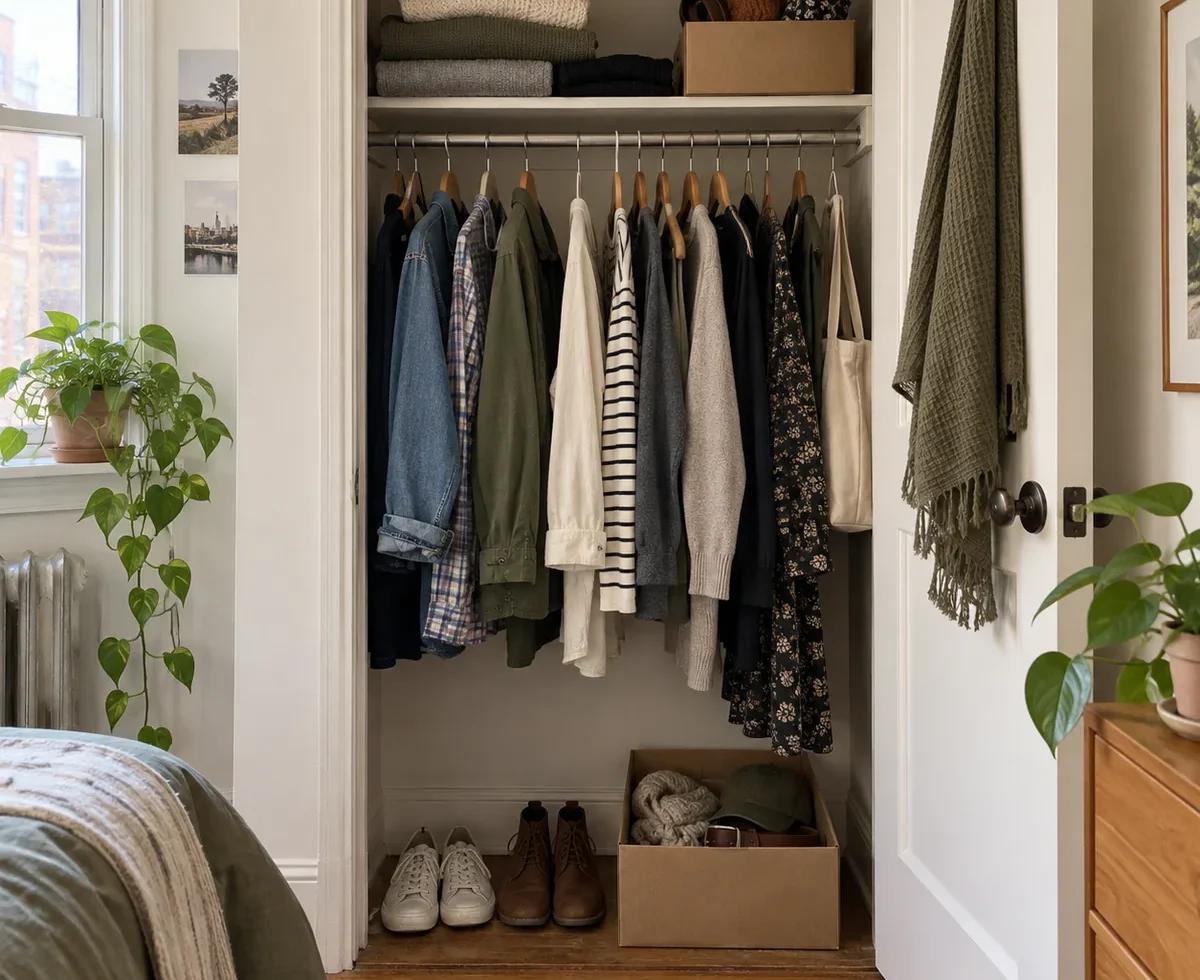 A small reach-in closet organized with existing shelves and boxes