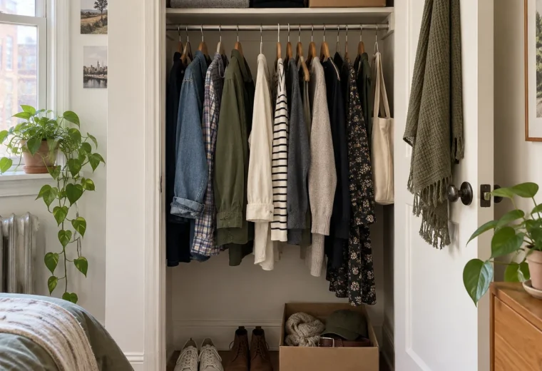 A small reach-in closet organized with existing shelves and boxes