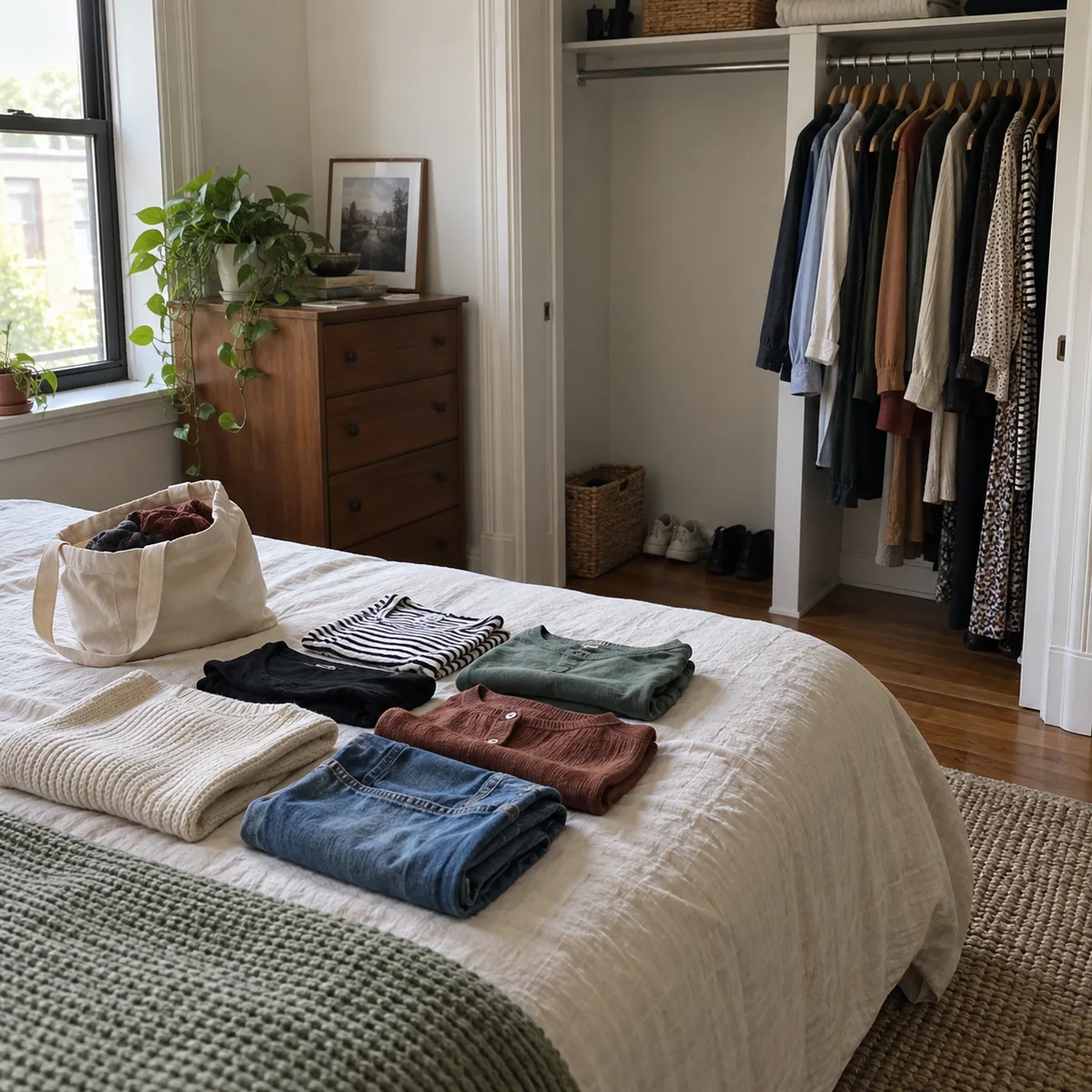 A small closet section cleared while a few garments are sorted on the bed