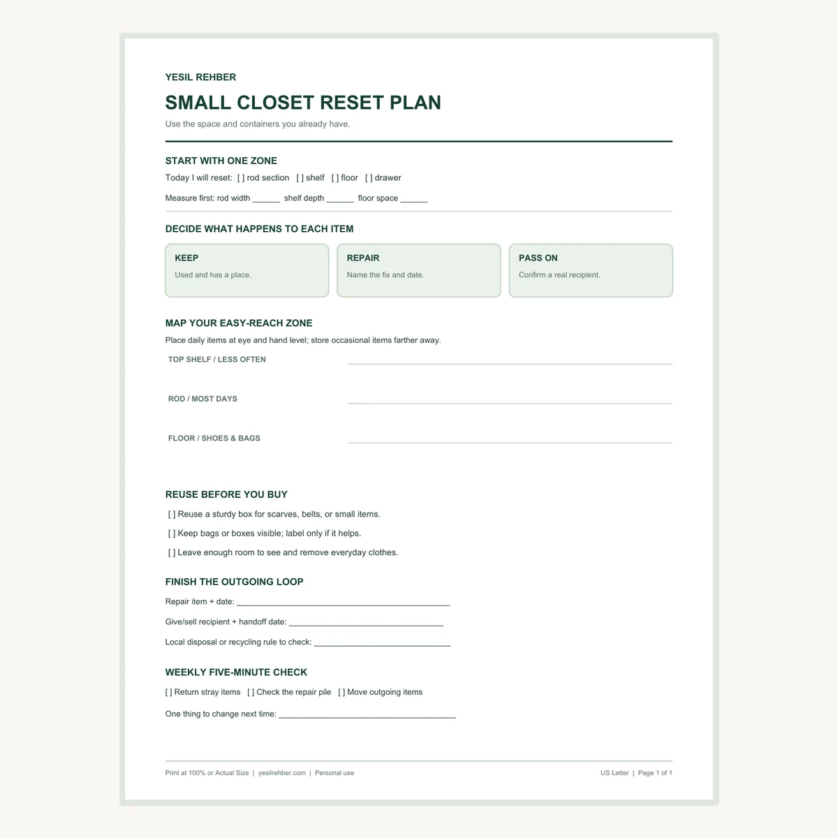 Preview of the one-page small closet reset plan printable