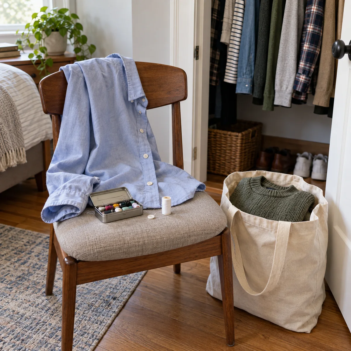 A shirt awaiting a button repair beside a tote of wearable clothes to pass on