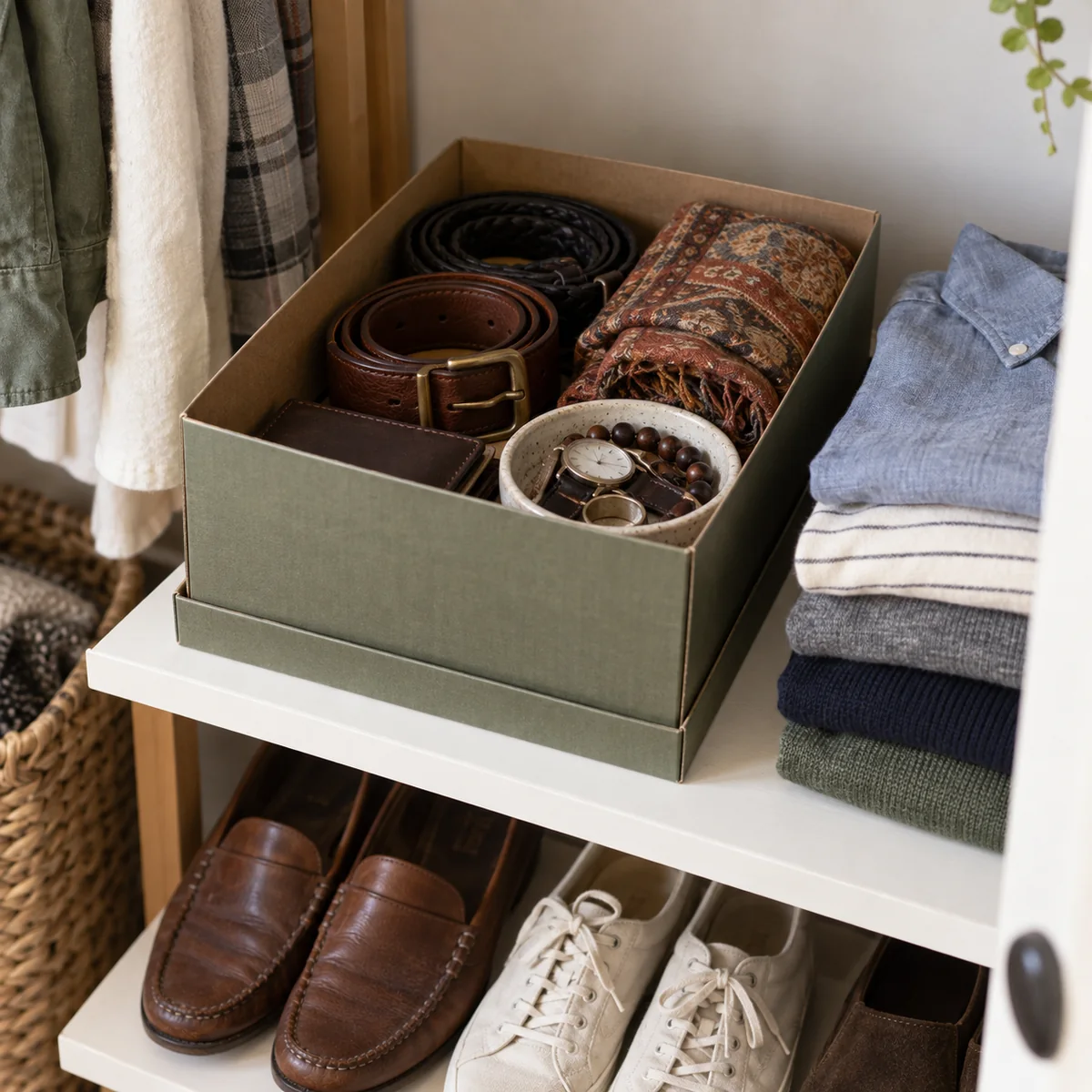 A reused shoebox holding belts and scarves beside folded clothes on a closet shelf