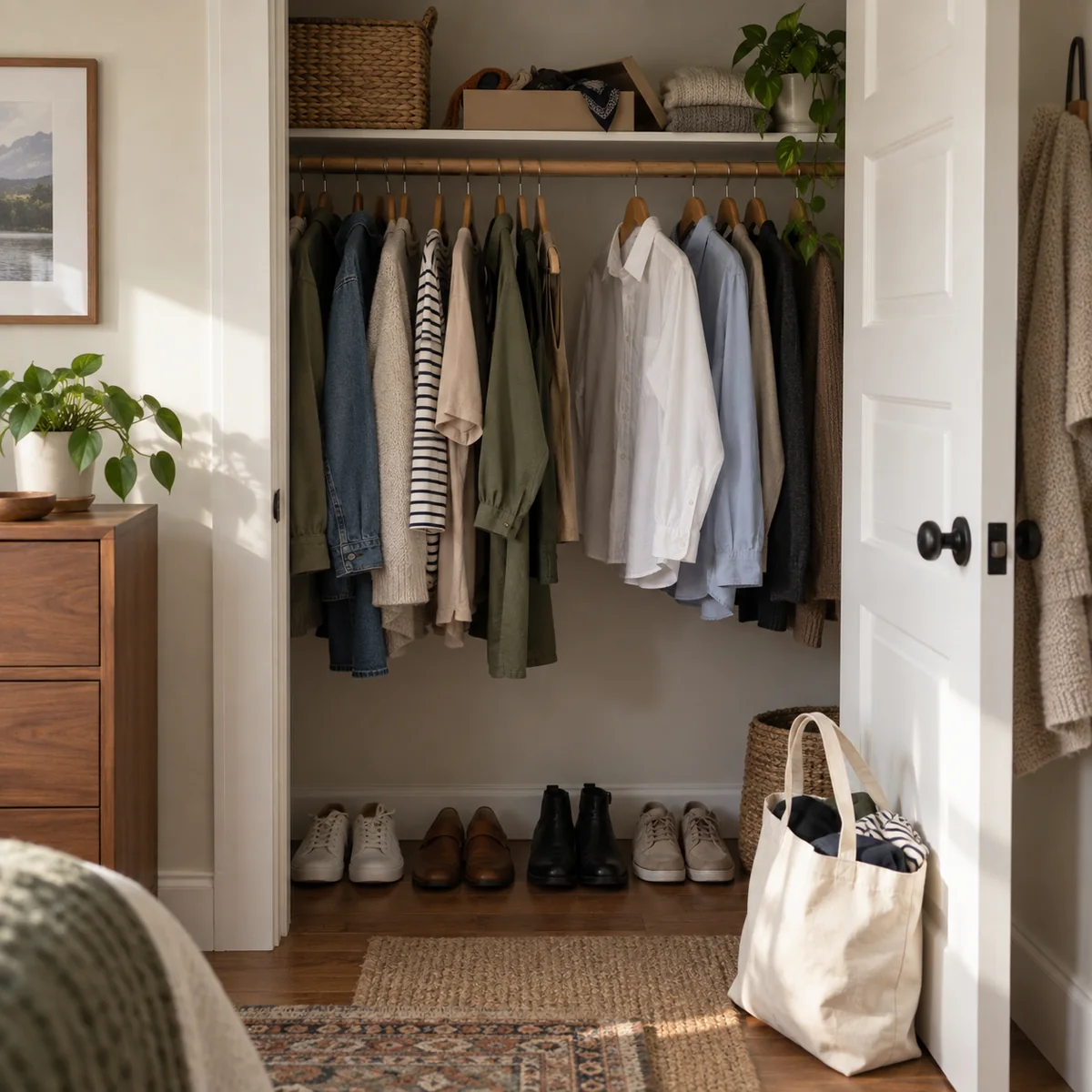 A small closet with visible everyday clothes and an outgoing tote by the door