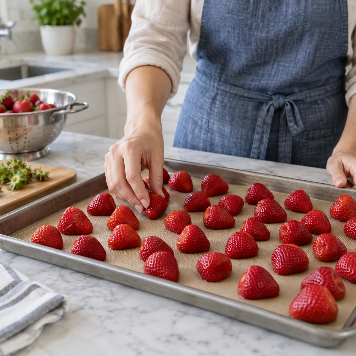 Cleaned strawberries without caps arranged in a single layer on a tray for freezing