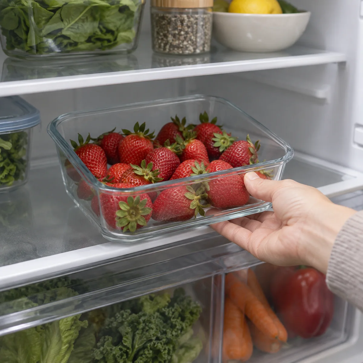 Dry strawberries with green caps in a shallow reusable container on a refrigerator shelf