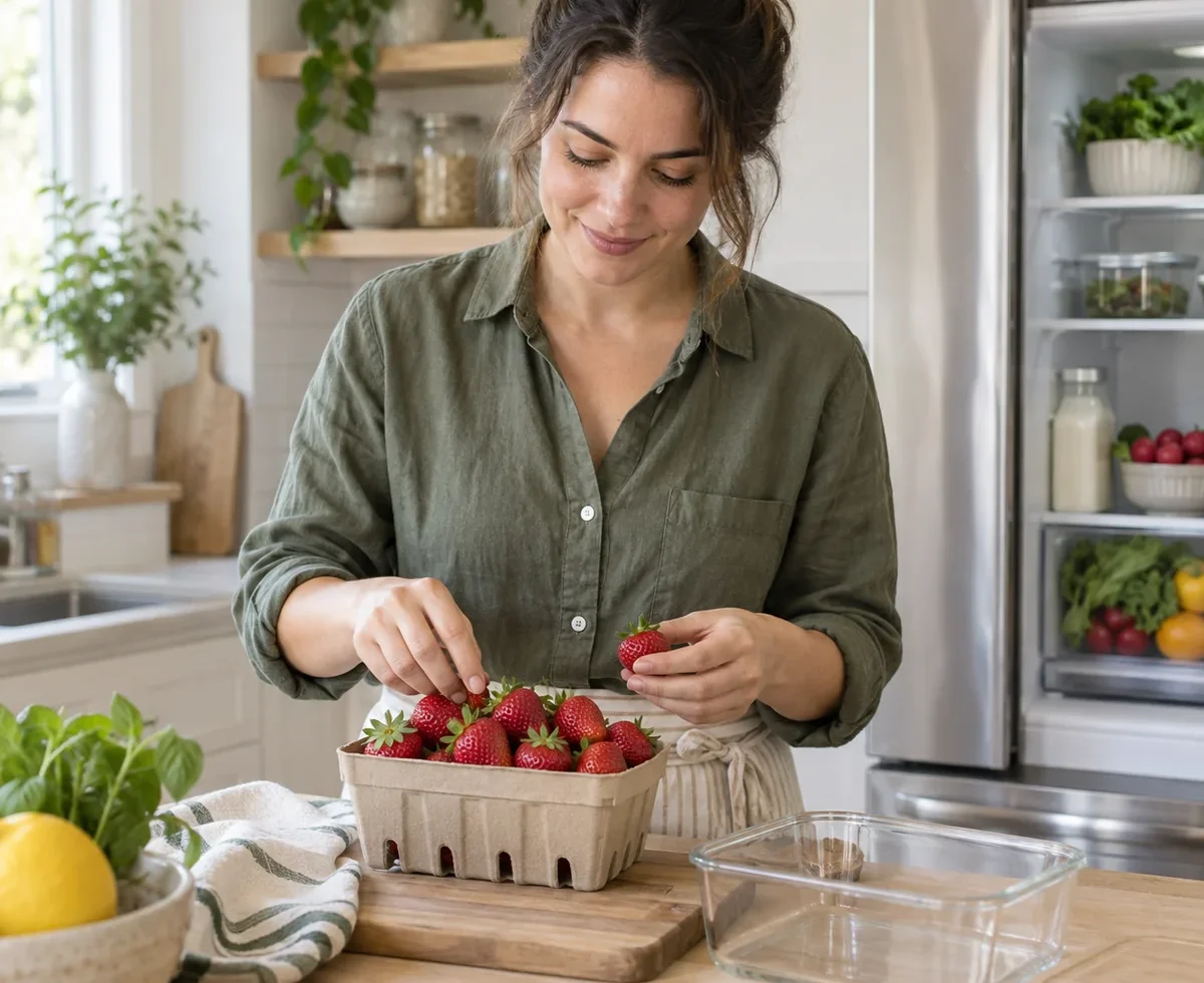 Sorting fresh strawberries on a kitchen counter