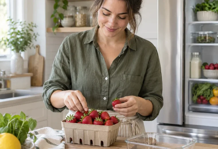 Sorting fresh strawberries on a kitchen counter