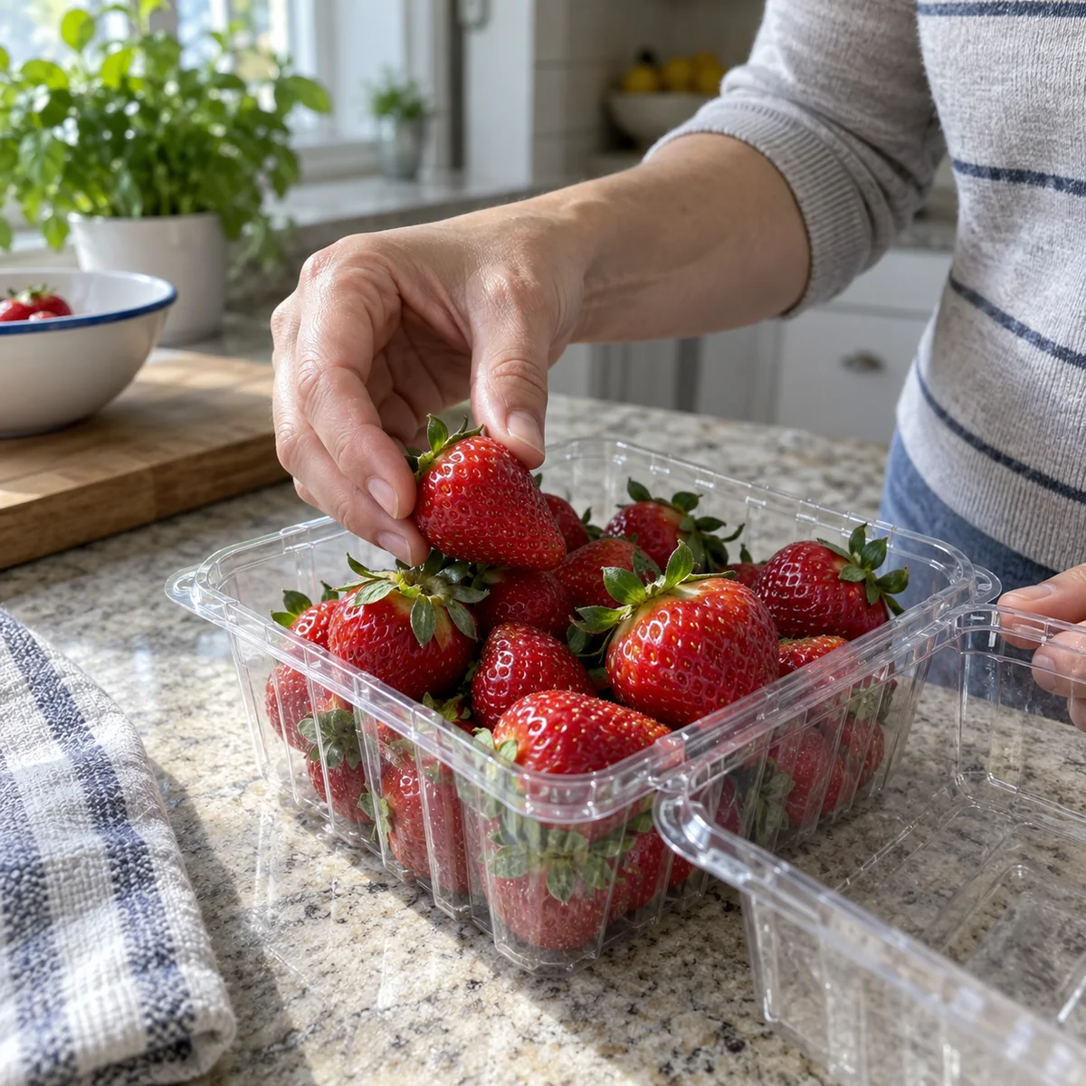 Hand checking fresh strawberries in a vented carton before refrigeration