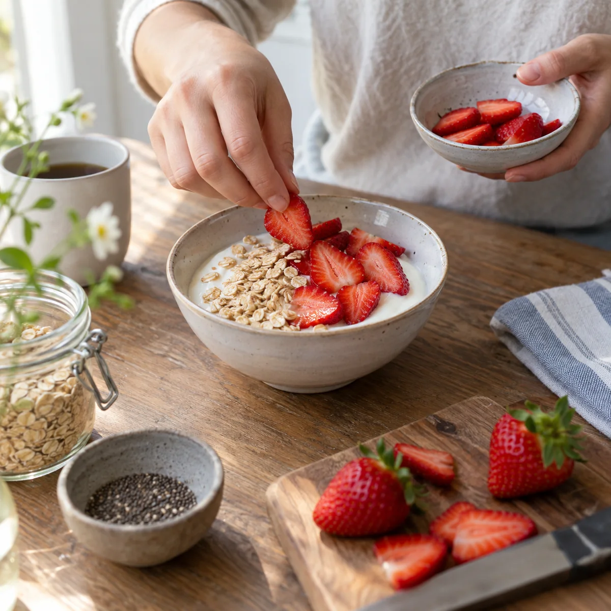 Person adding sliced ripe strawberries to a simple yogurt and oats bowl