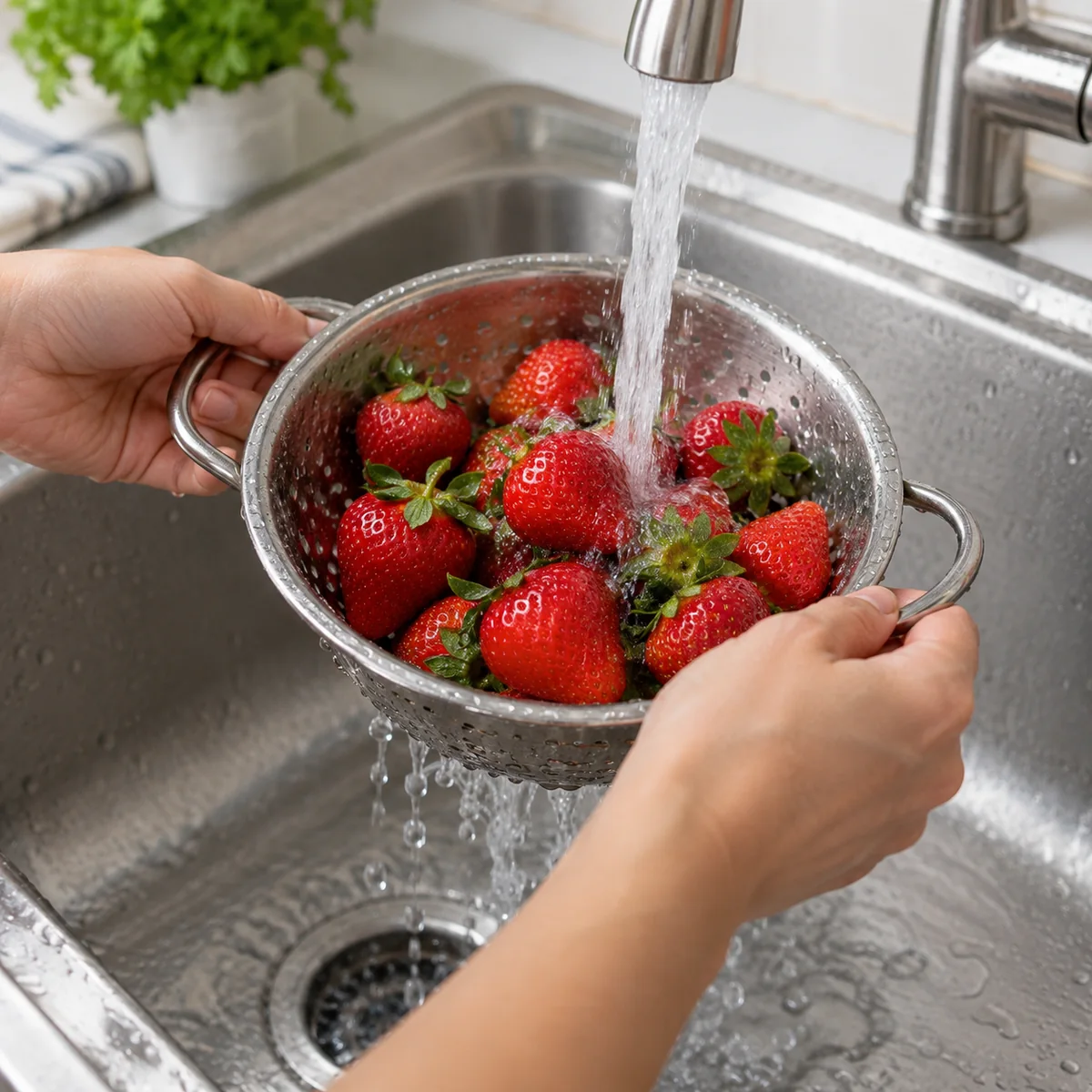 Hands rinsing a serving of strawberries under cool running water in a colander