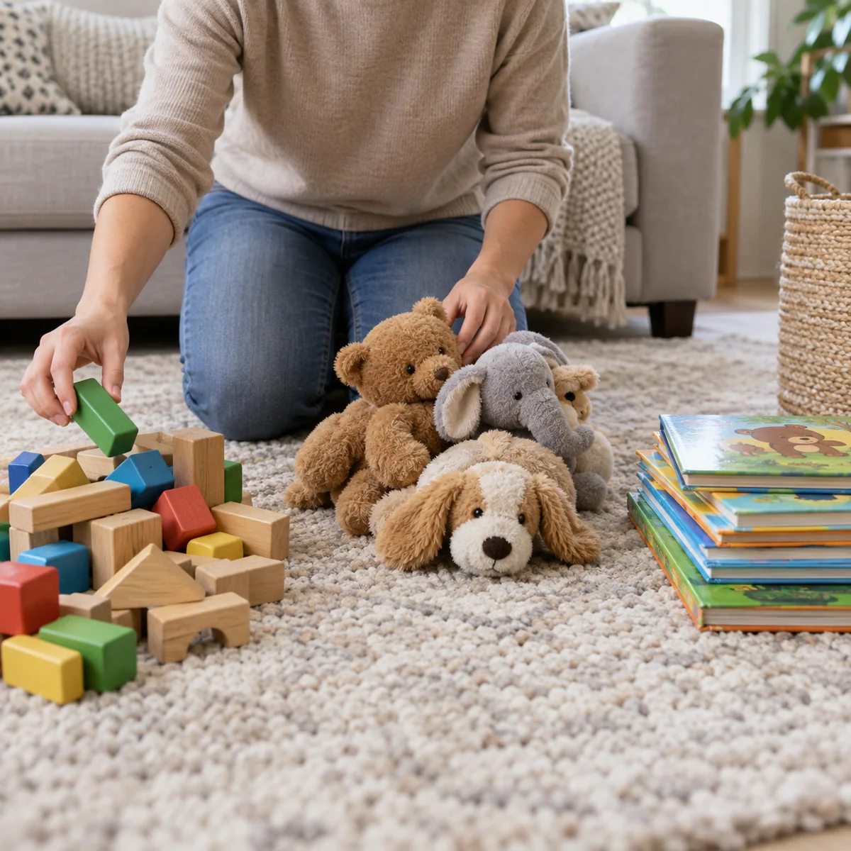 Adult sorting sturdy blocks, soft toys, and books in one play area