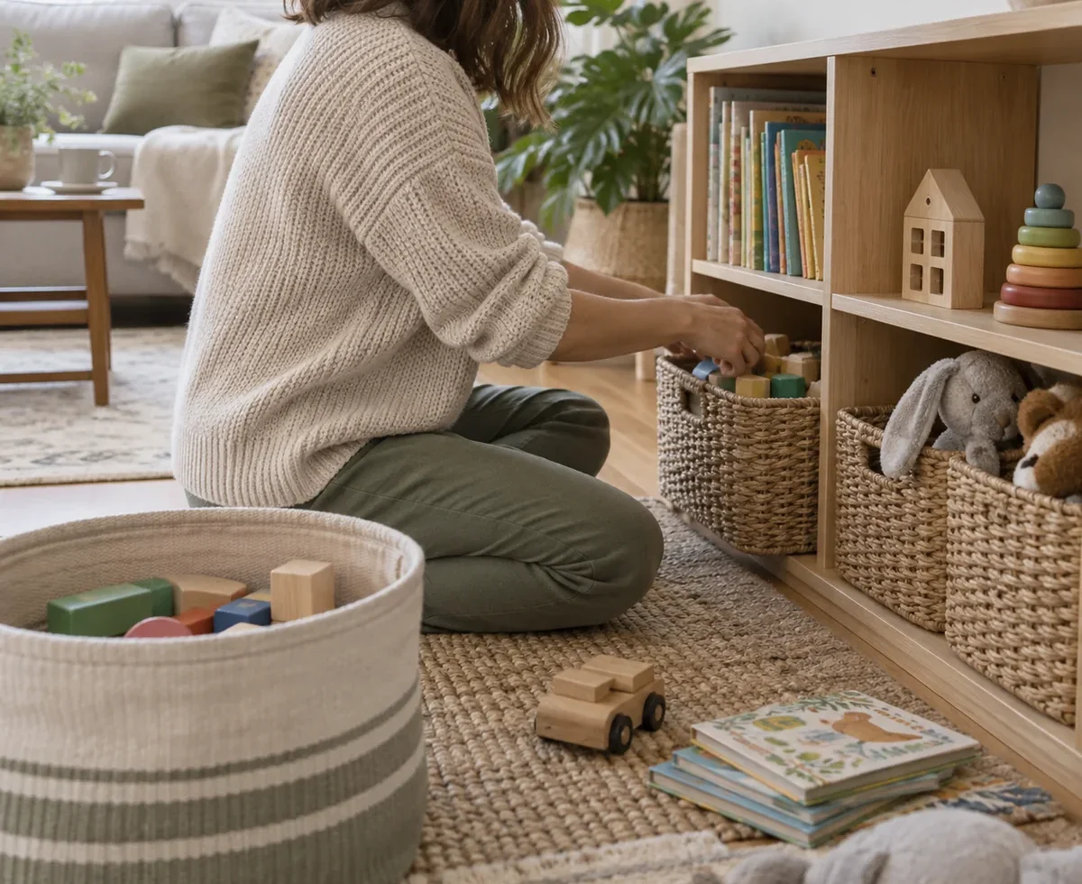 Adult organizing a low toy shelf with existing baskets