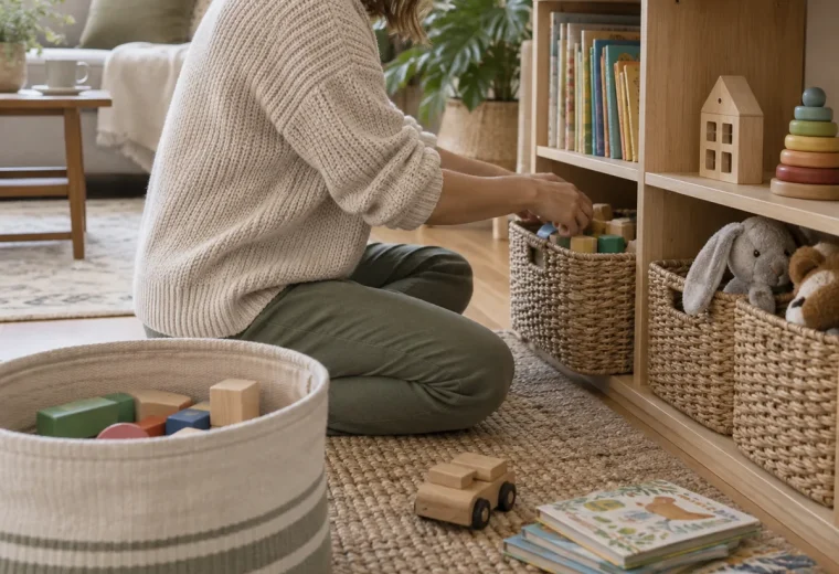 Adult organizing a low toy shelf with existing baskets
