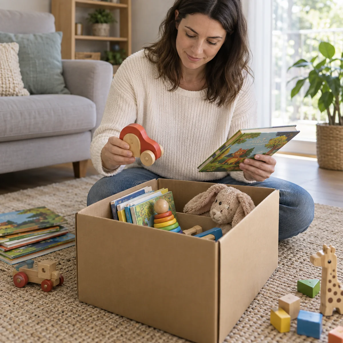 Adult checking sturdy toys and picture books for a confirmed donation box