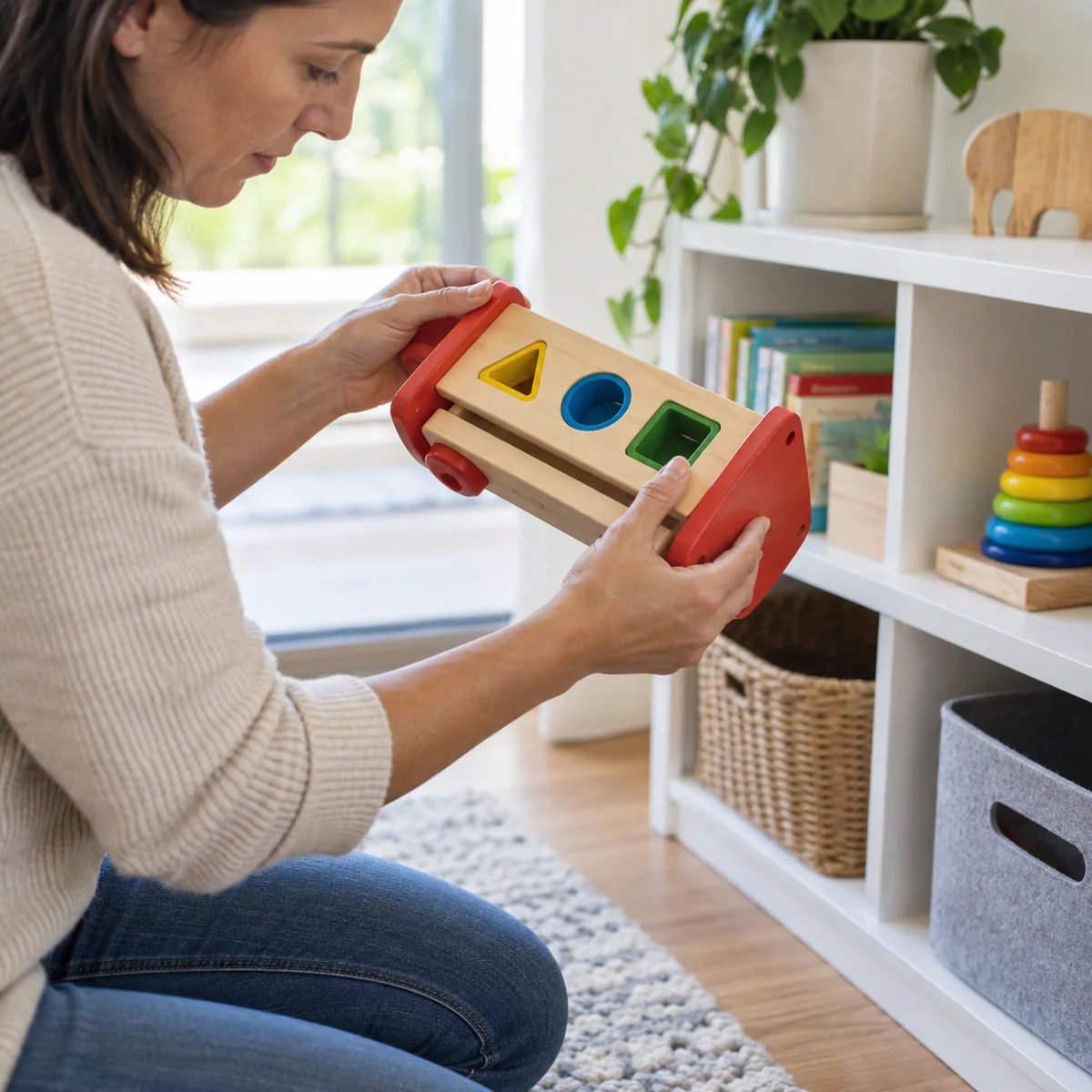 Adult checking the age guidance and condition of a children's toy before storage