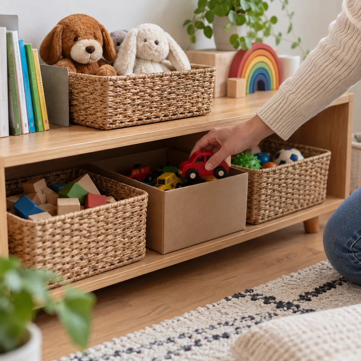 Sturdy low shelf using existing baskets and a box to group books, blocks, and plush toys