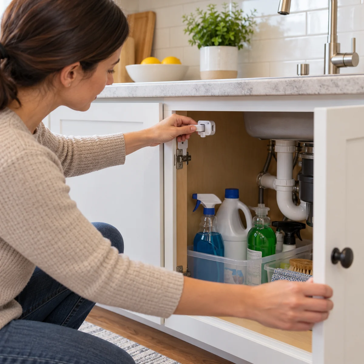Adult closing a secured under-sink cabinet after checking organized supplies