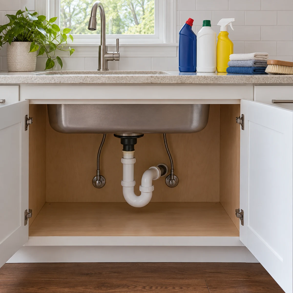 Empty under-sink cabinet with visible plumbing; closed cleaners and dry cloths sorted on the counter