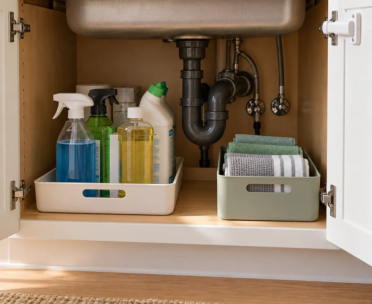 Secured under-sink cabinet with upright cleaners and dry reusable cloths