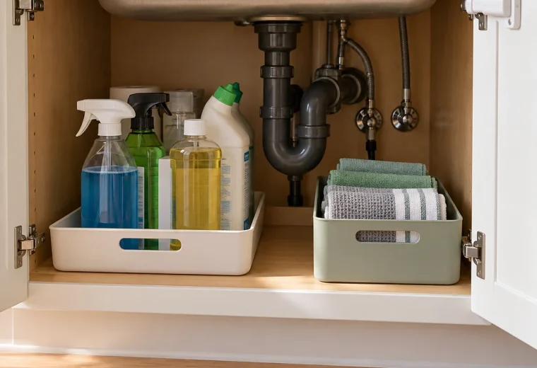 Secured under-sink cabinet with upright cleaners and dry reusable cloths