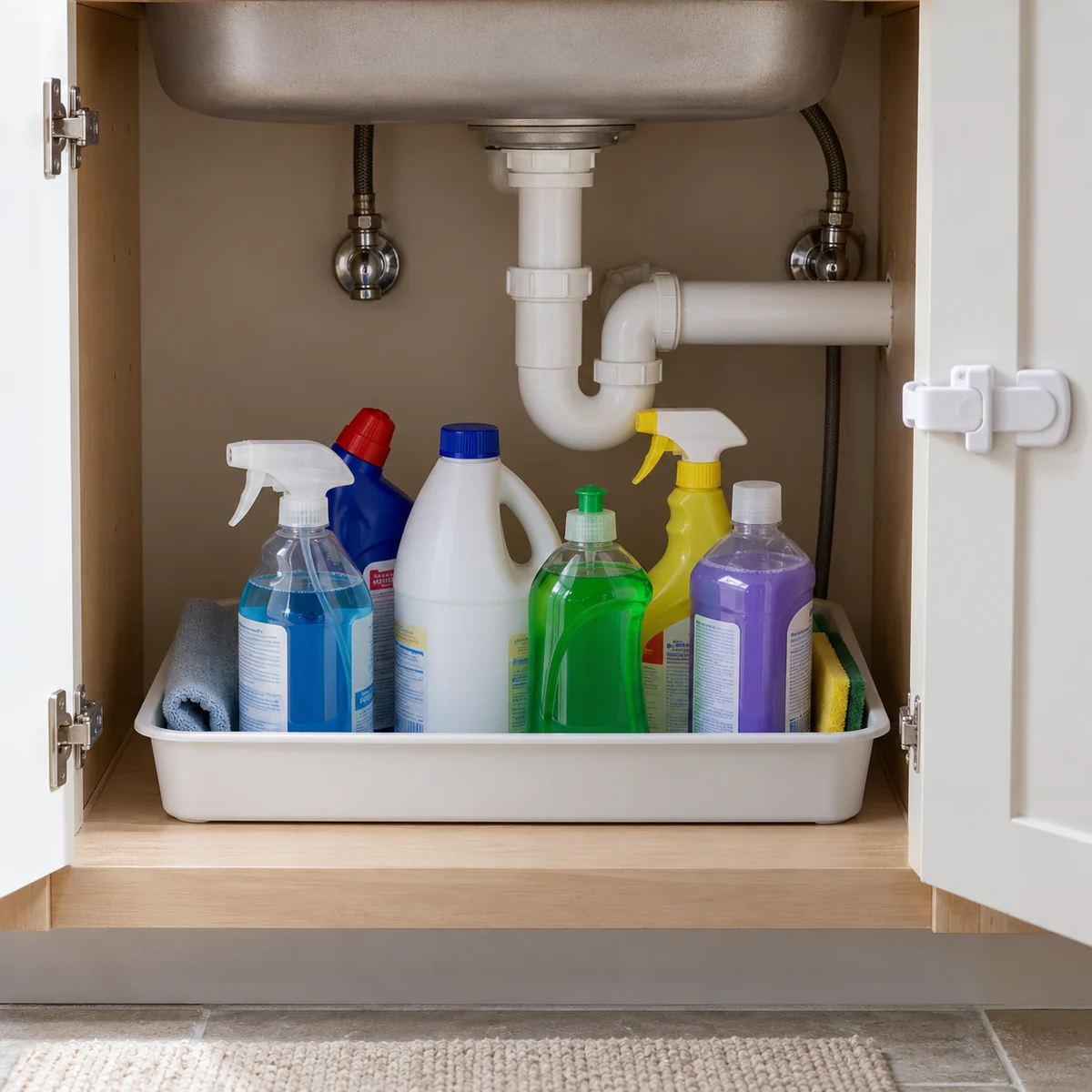 Closed original-container cleaners standing in a shallow tray in a secured under-sink cabinet