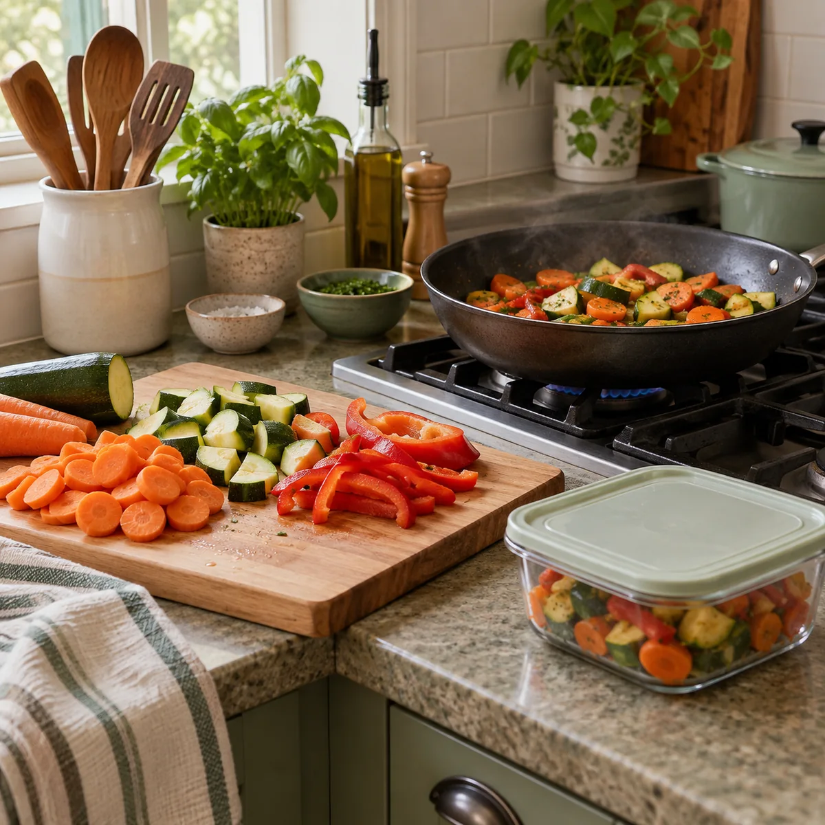 Cut carrots, zucchini, and pepper beside a pan of cooking vegetables