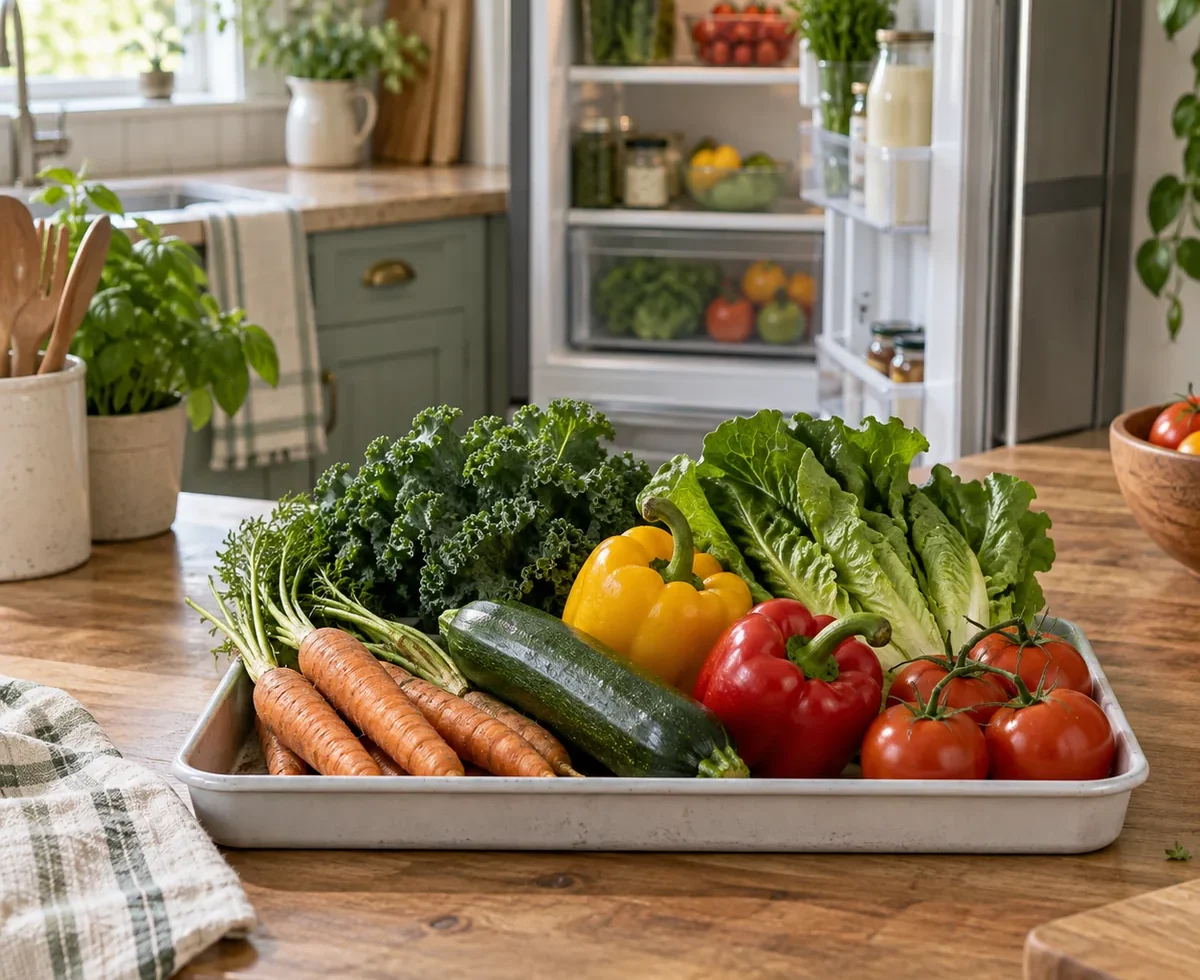 Assorted vegetables on a kitchen counter beside an open refrigerator