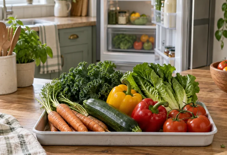 Assorted vegetables on a kitchen counter beside an open refrigerator