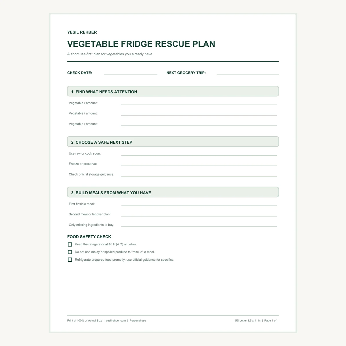 Preview of the one-page vegetable fridge rescue planner