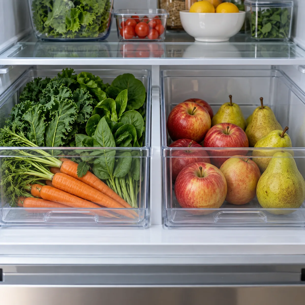 Leafy greens and carrots in one crisper drawer, apples and pears in another