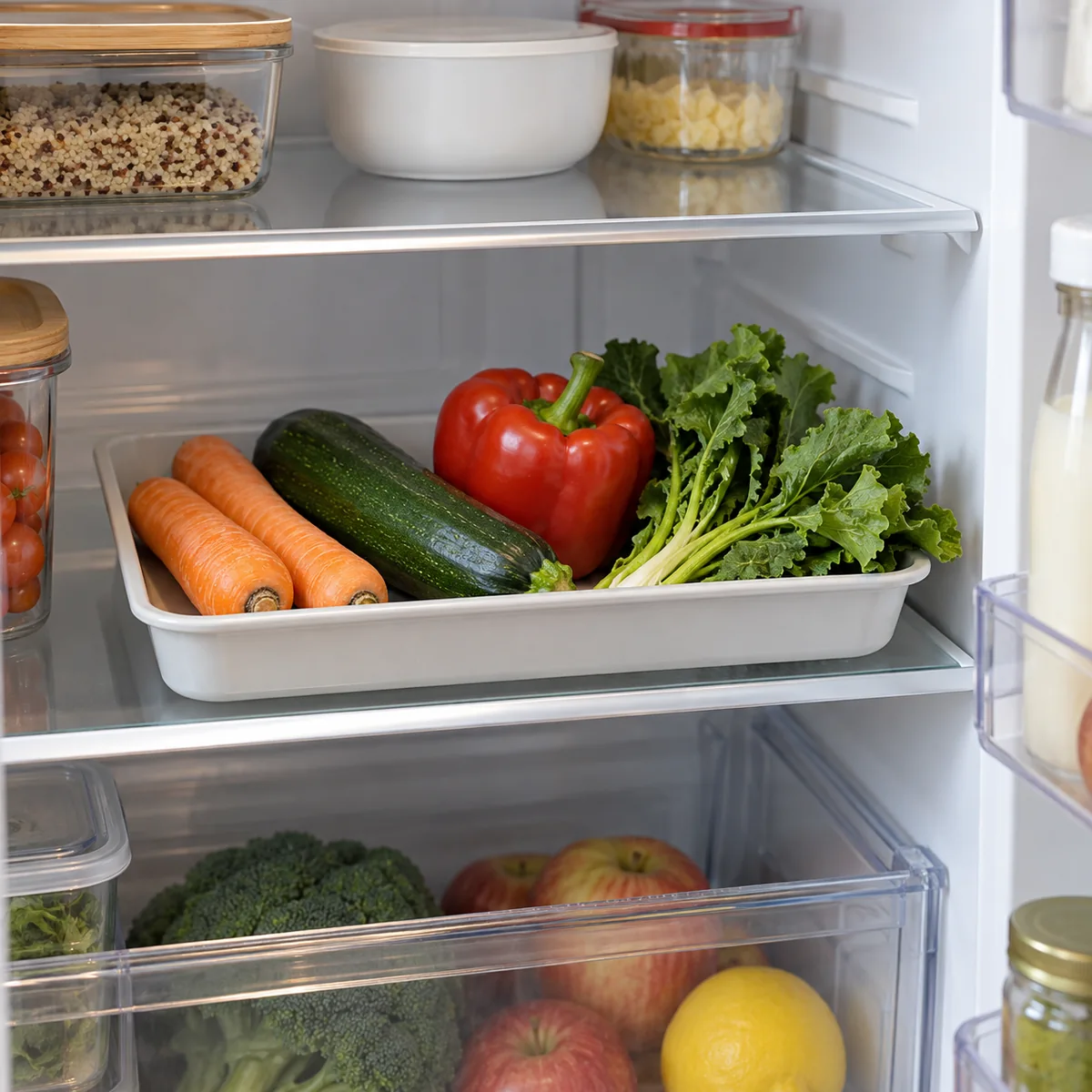 Carrots, zucchini, pepper, and greens in a shallow tray on a refrigerator shelf
