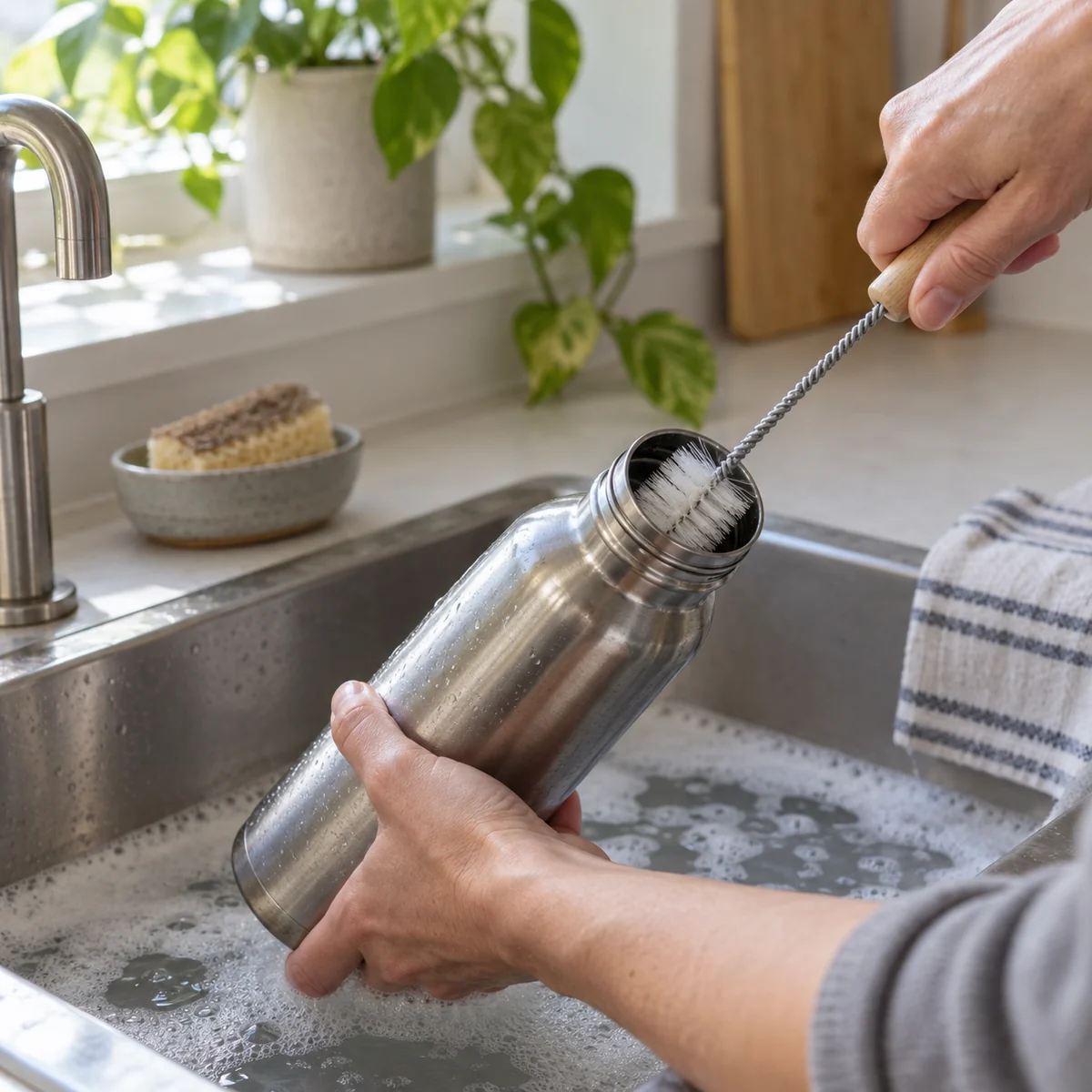 Adult washing the inside of a reusable bottle with a long bottle brush