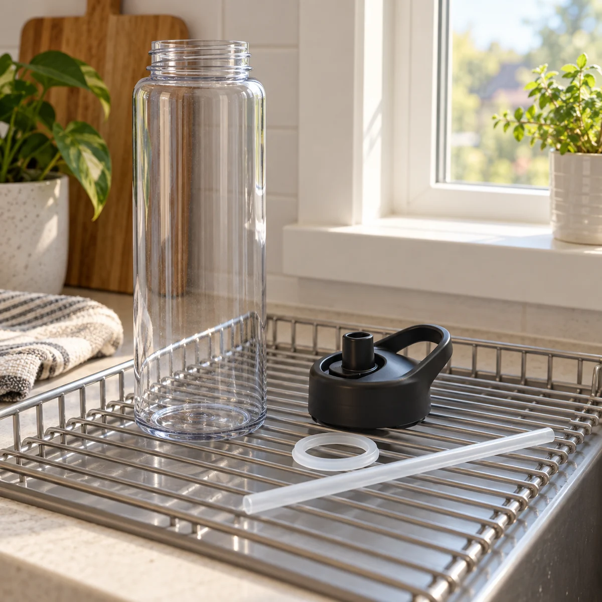 Reusable bottle, lid, straw and seal drying separately on a clean rack