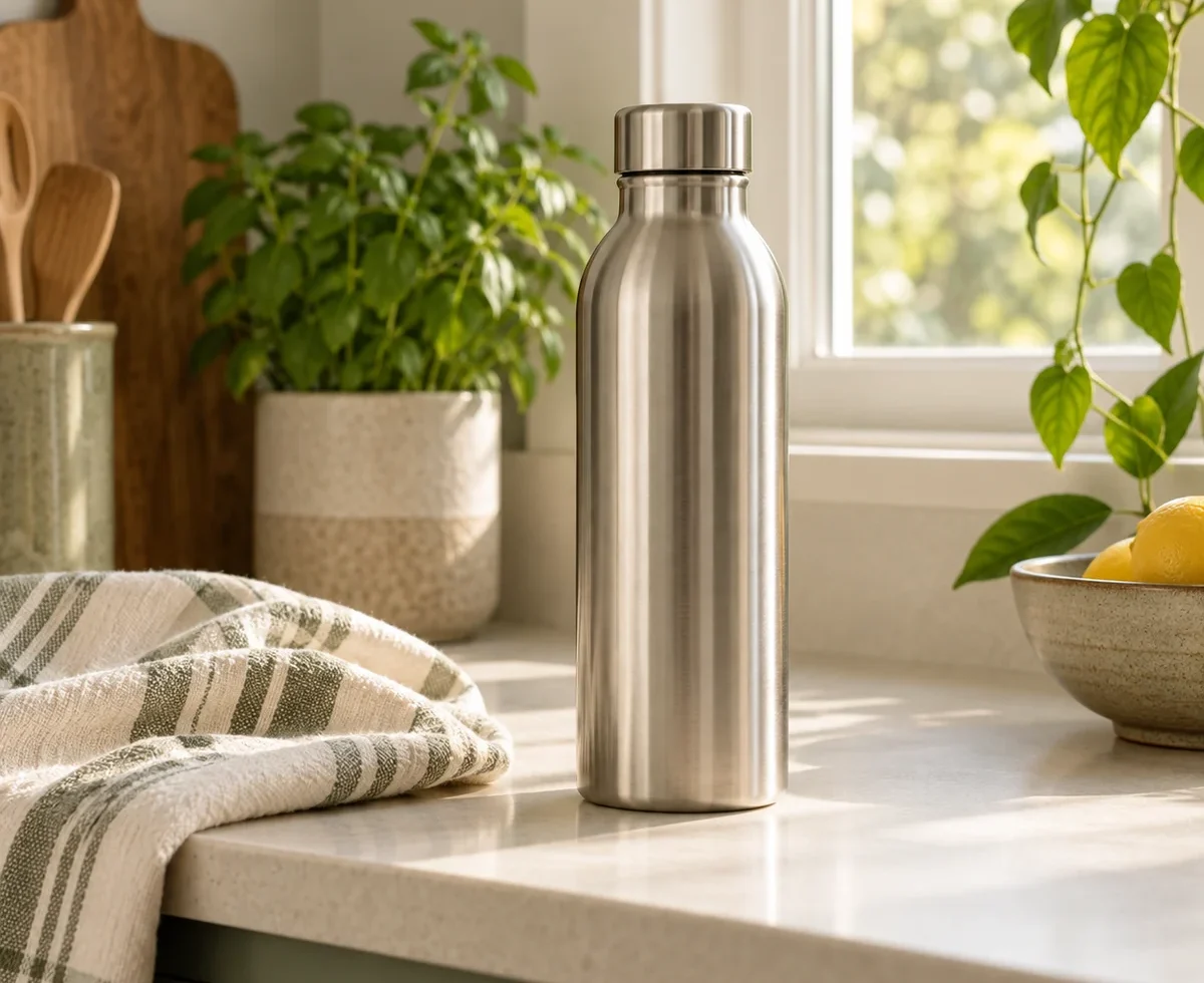 Reusable stainless steel water bottle on a kitchen counter