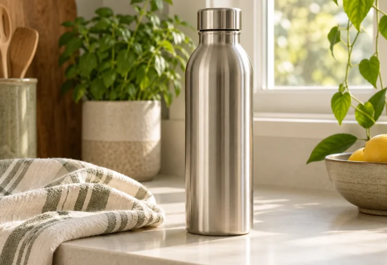 Reusable stainless steel water bottle on a kitchen counter