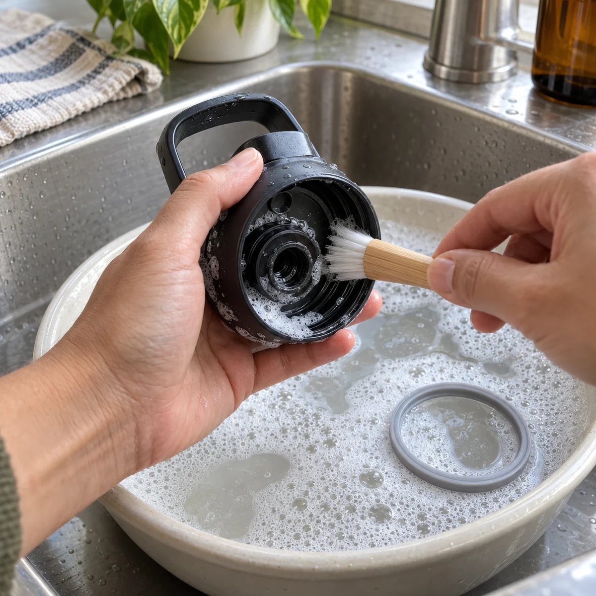 Small brush cleaning the underside grooves of a reusable water bottle lid