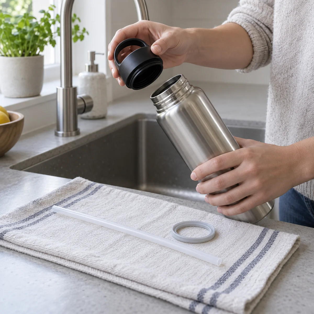 Adult removing the lid from a reusable bottle beside a removable seal