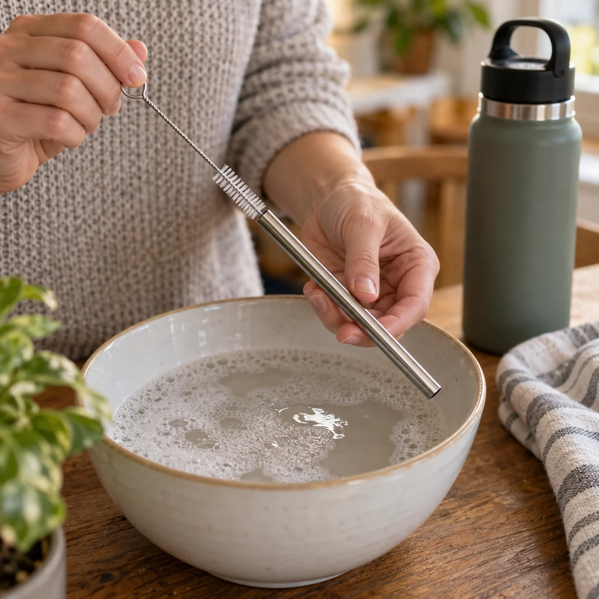 Adult cleaning the inside of a removable drinking straw with a narrow brush