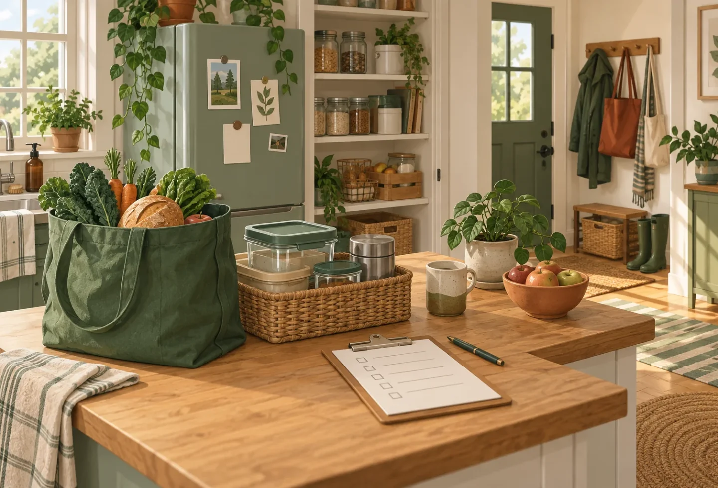 Illustrated low-waste home reset with a grocery bag, reusable containers, and a checklist