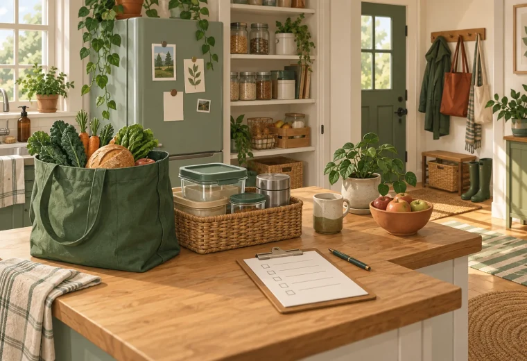 Illustrated low-waste home reset with a grocery bag, reusable containers, and a checklist