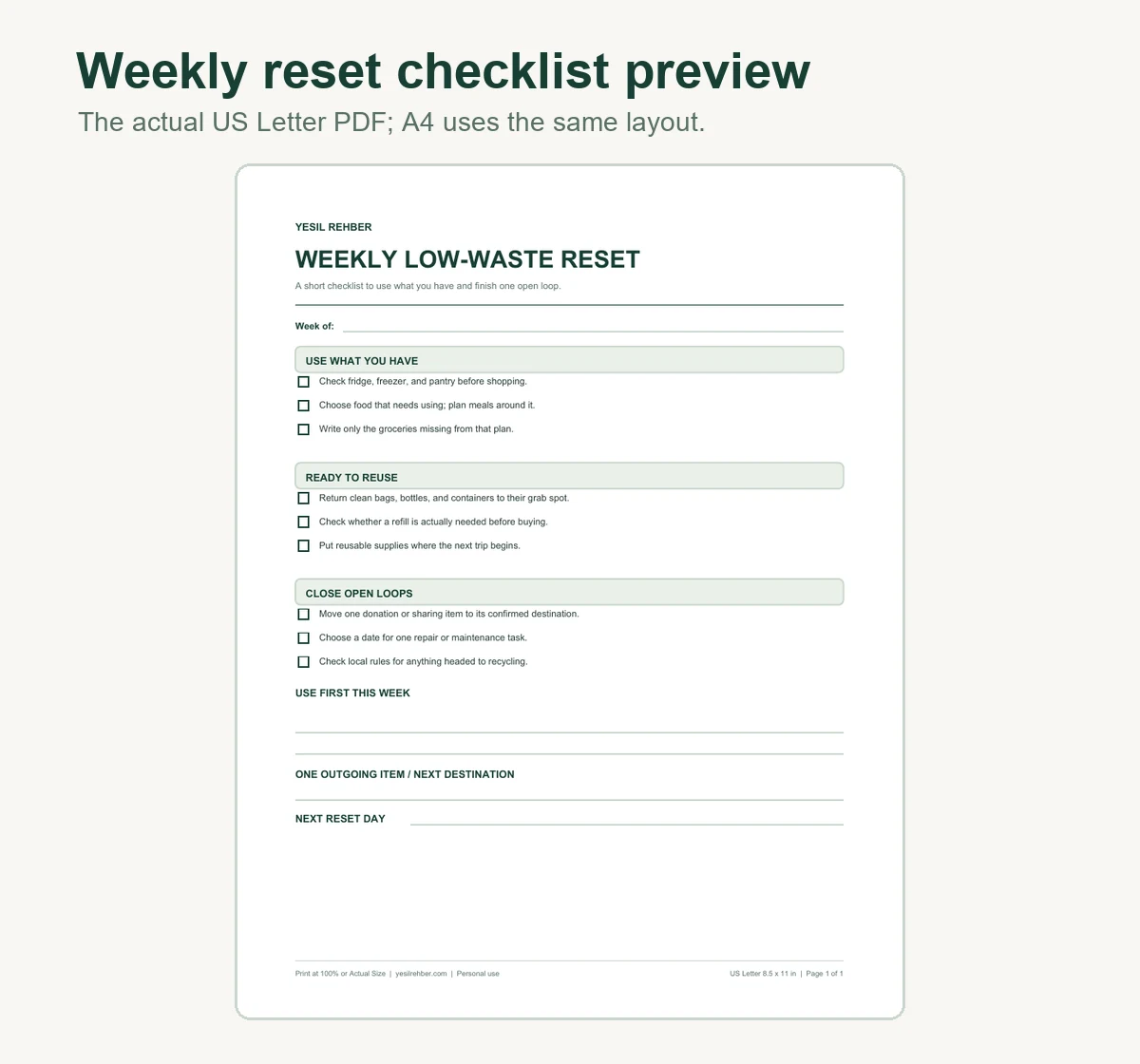 Preview of the one-page weekly low-waste home reset checklist