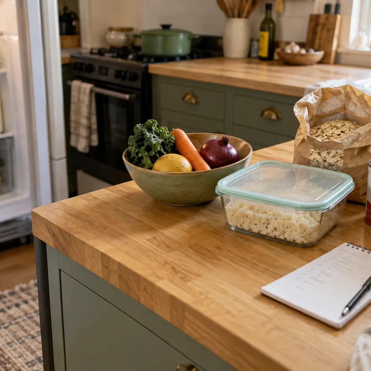 Open refrigerator and food on a kitchen counter ready for a pre-shopping check