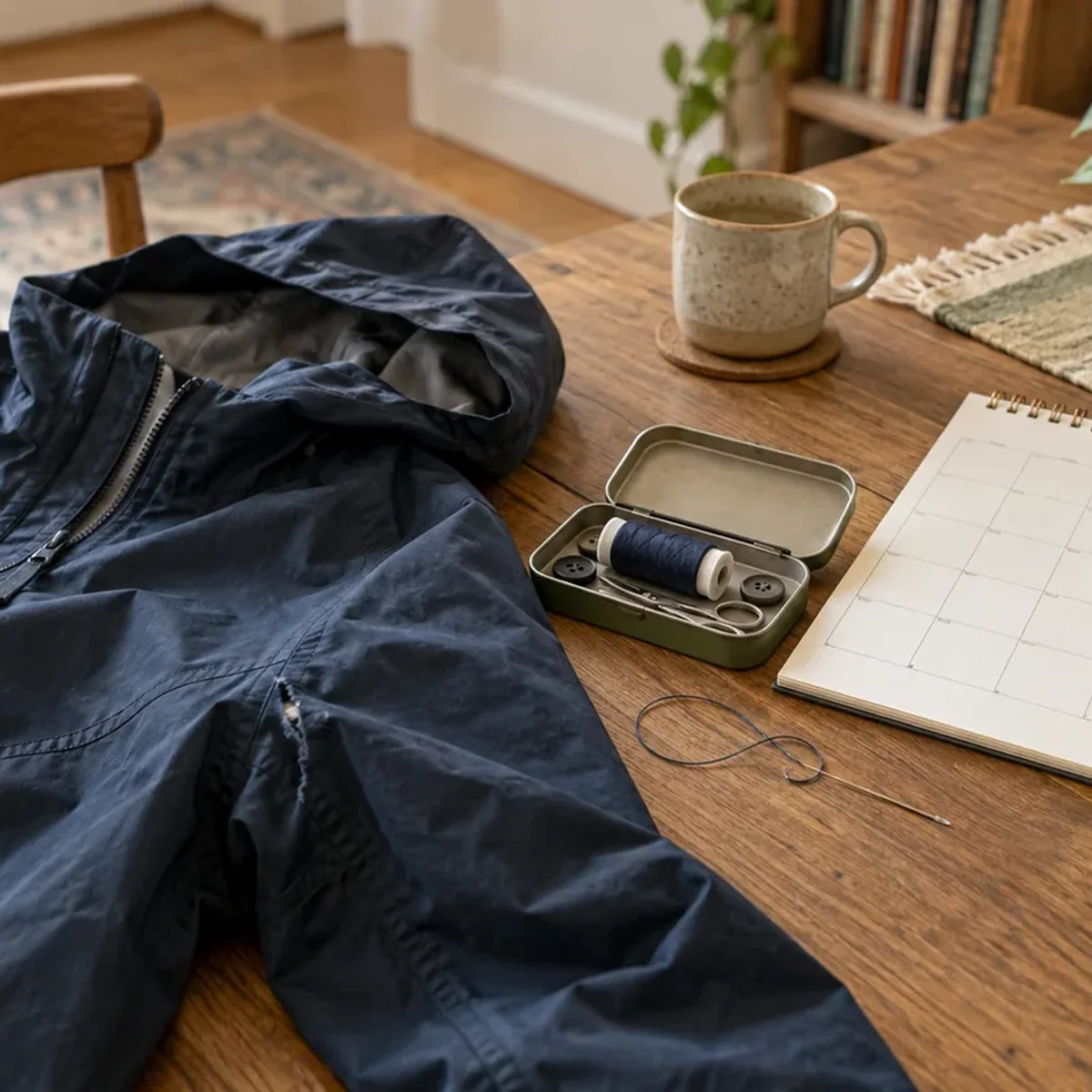 Worn navy jacket beside a sewing kit and blank calendar on a wooden table