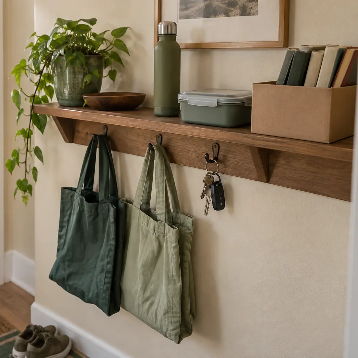 Empty reusable bags by the door with a bottle, lunch container, and box of used books
