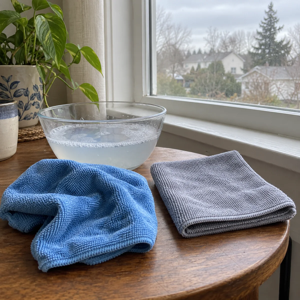 Two reusable lint-free cloths beside a bowl of mild soapy water at an interior window