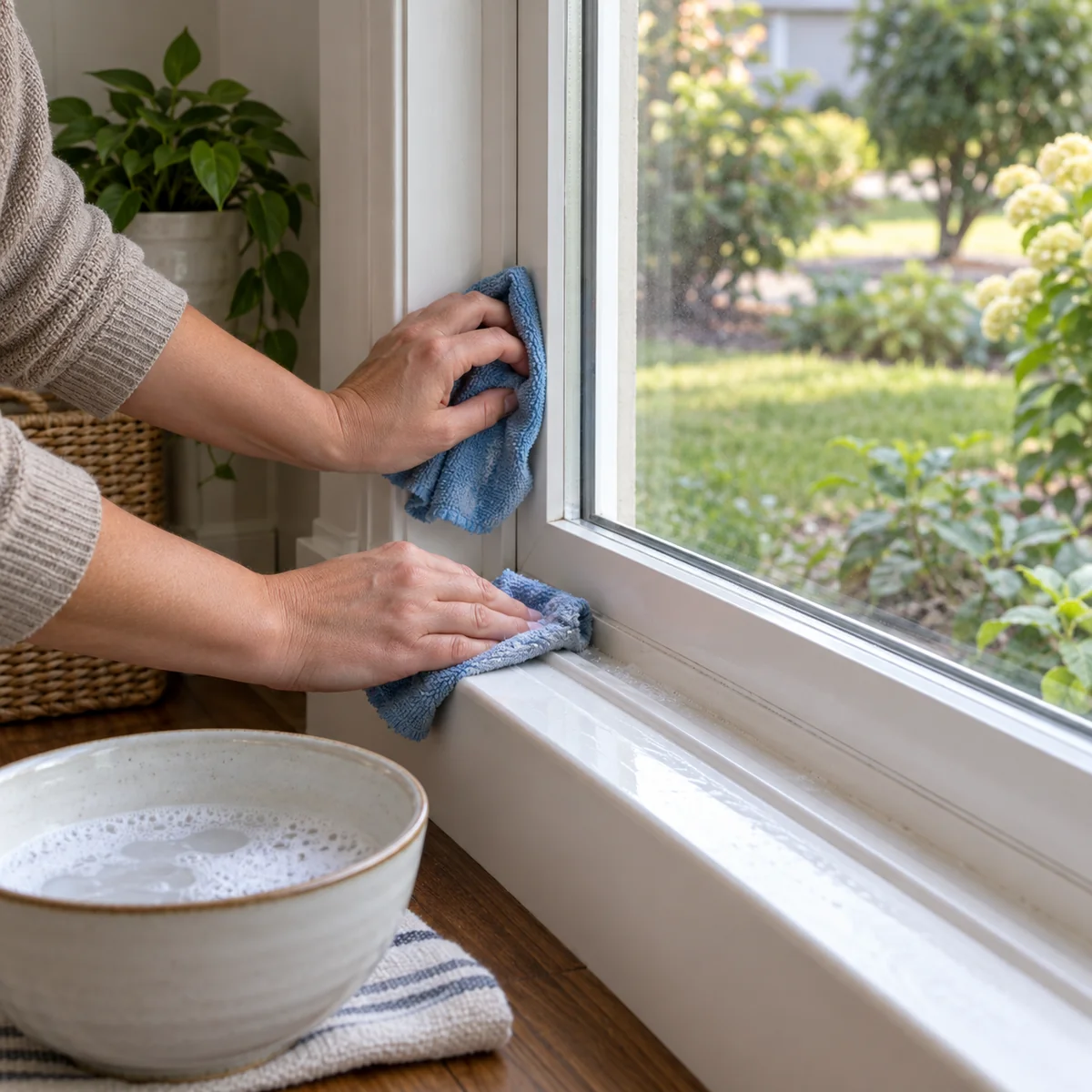 Hands wiping an interior window frame and sill with a reusable cloth