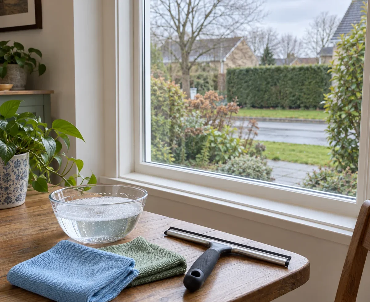 Clean household window with reusable cloths and a squeegee