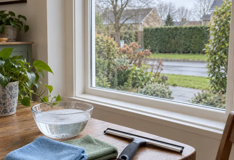 Clean household window with reusable cloths and a squeegee